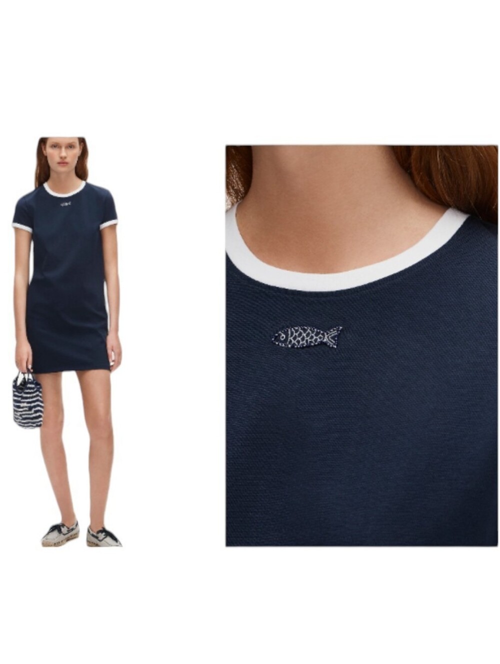 NWT J. Crew Vintage jersey embroidery ringer T shirt dress Navy Blue Beaded Fish